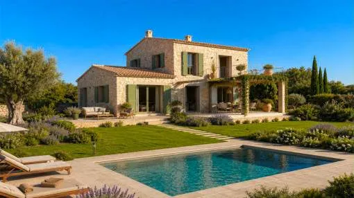Finca mediterránea de nueva construcción cerca de Ses Salines con vistas panorámicas al mar y una amplia piscina
